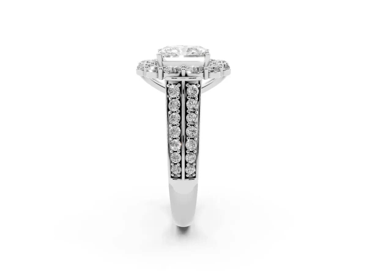 Radiant Cut Halo Diamond Engagement Ring with Split Shank and Prong Setting Silver