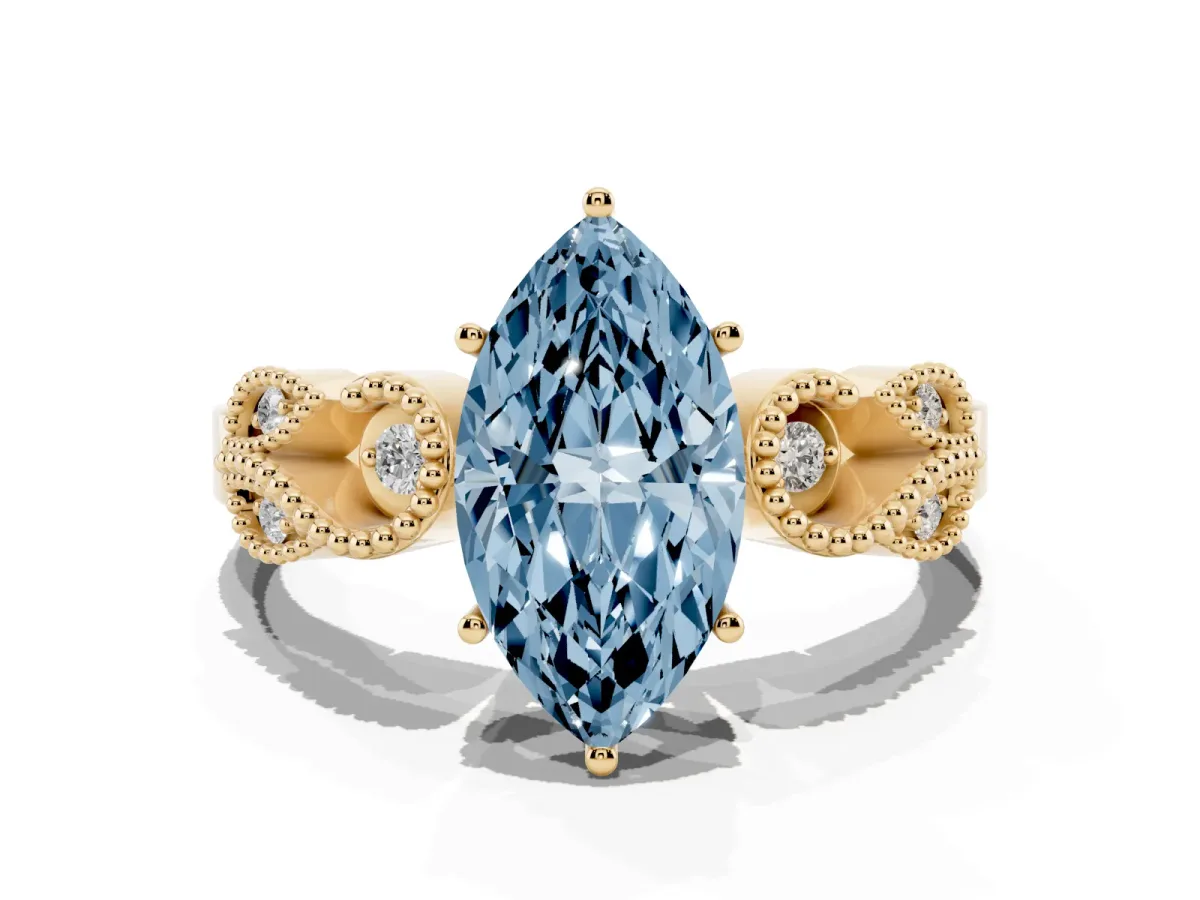 Fancy Blue Marquise Cut Solitaire Milgrain Leaf Band with Prong Setting Yellow gold