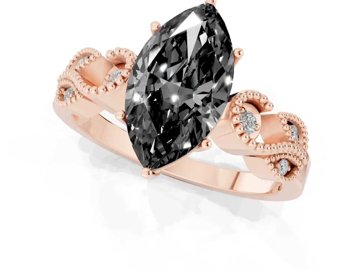Fancy Black Marquise Cut Solitaire Milgrain Leaf Band with Prong Setting Rose gold