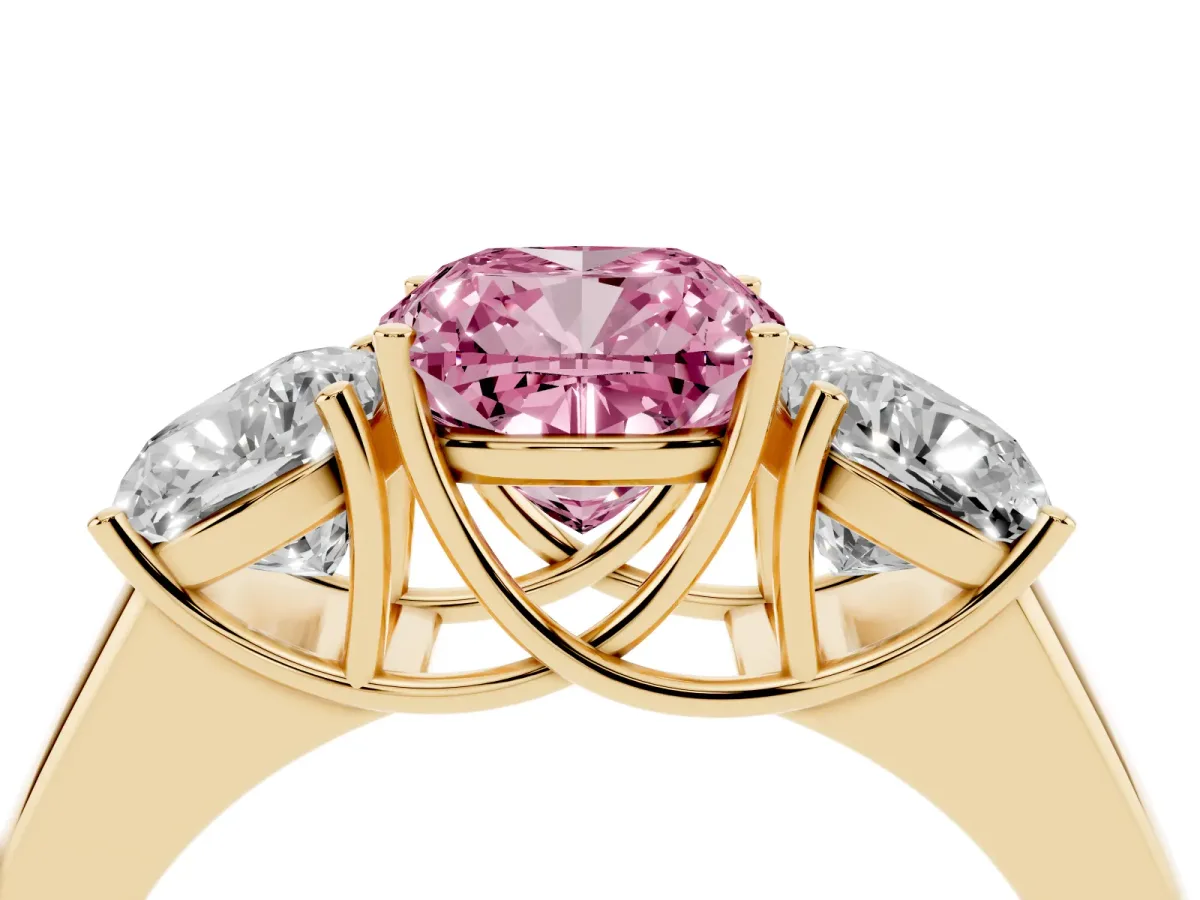 Fancy Pink Three-Stone Cushion Cut Cut Diamond Ring with Prong Setting and Classic Band Yellow gold