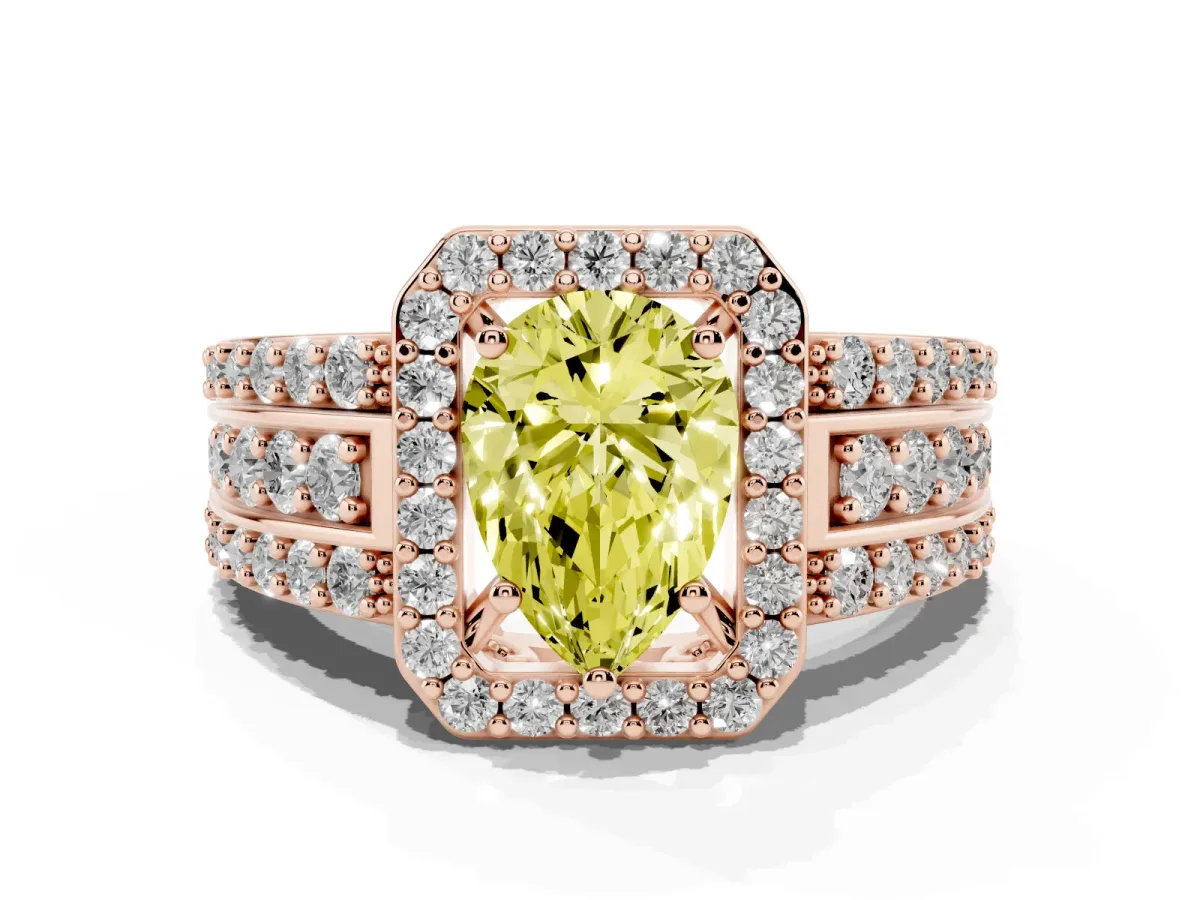 Fancy Yellow Pear Cut Halo Diamond Ring with Round Split Shank and Prong Setting Rose gold