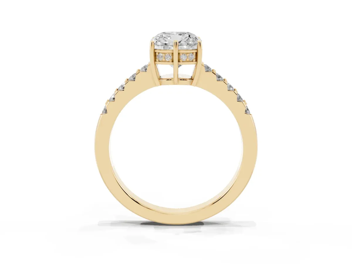 Cushion Cut Solitaire Diamond Engagement Ring with Pavé Band and Six-Prong Setting Yellow gold