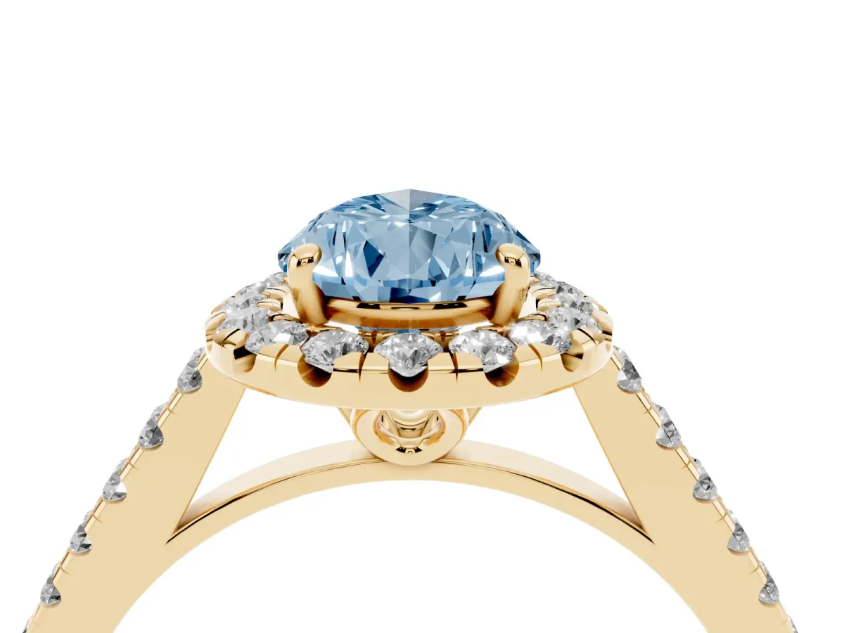 Fancy Blue Pear Cut Halo Pavé Diamond Engagement Ring with Four-Prong Setting Yellow gold