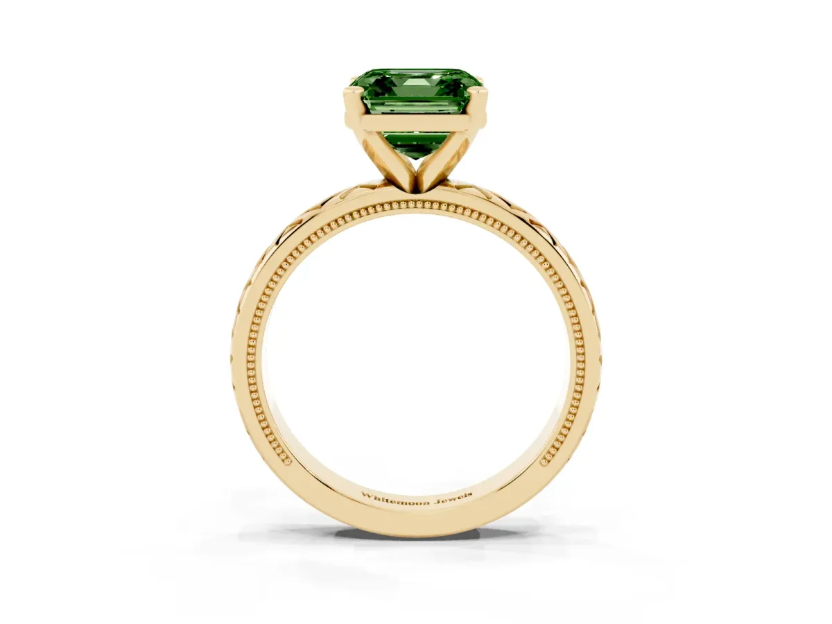 Fancy Green Asscher Cut Solitaire Diamond Ring with Milgrain and Black Enamel X Pattern Band Yellow gold