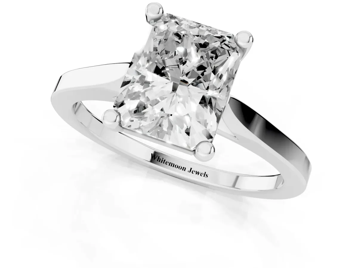 Radiant Cut Solitaire Diamond Ring with Four-Prong Setting and Tapered Band White gold