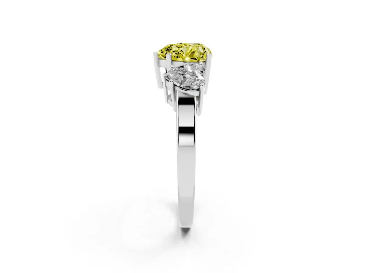 Fancy Yellow Three-Stone Heart Cut Cut Diamond Engagement Ring with Flat Band and Four-Prong Setting Silver