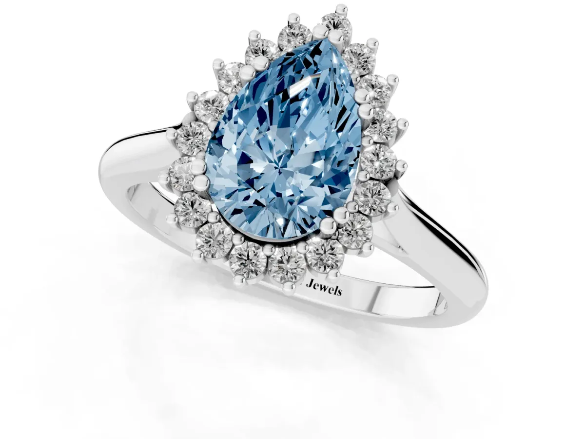 Fancy Blue Pear Cut Cut Diamond Halo Ring with Solitaire Band and Prong Setting Platinum