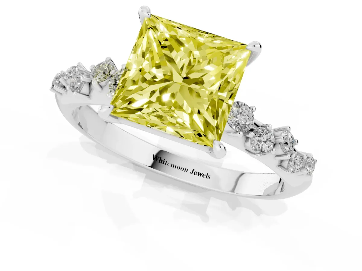 Fancy Yellow Princess Cut Diamond Cluster Side Stone Solitaire Ring with Prong Setting White gold