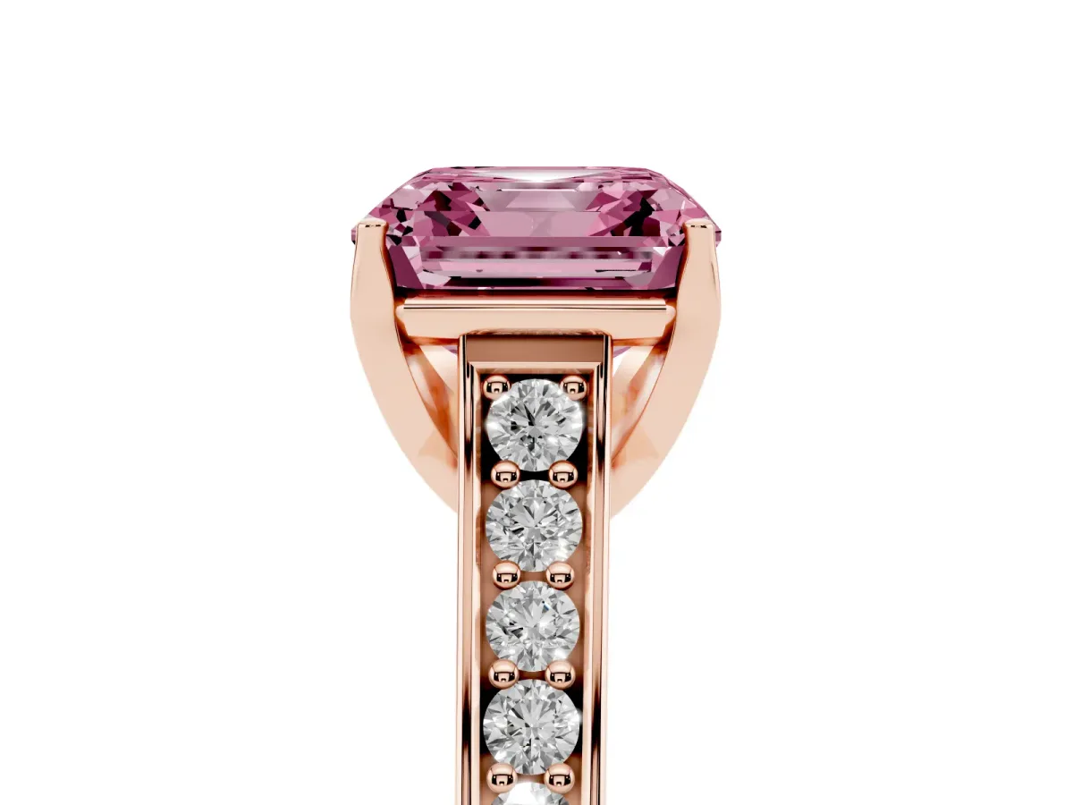 Fancy Pink Asscher Cut Brilliant Cut Diamond Engagement Ring with Pavé Band and Four-Prong Setting Rose gold