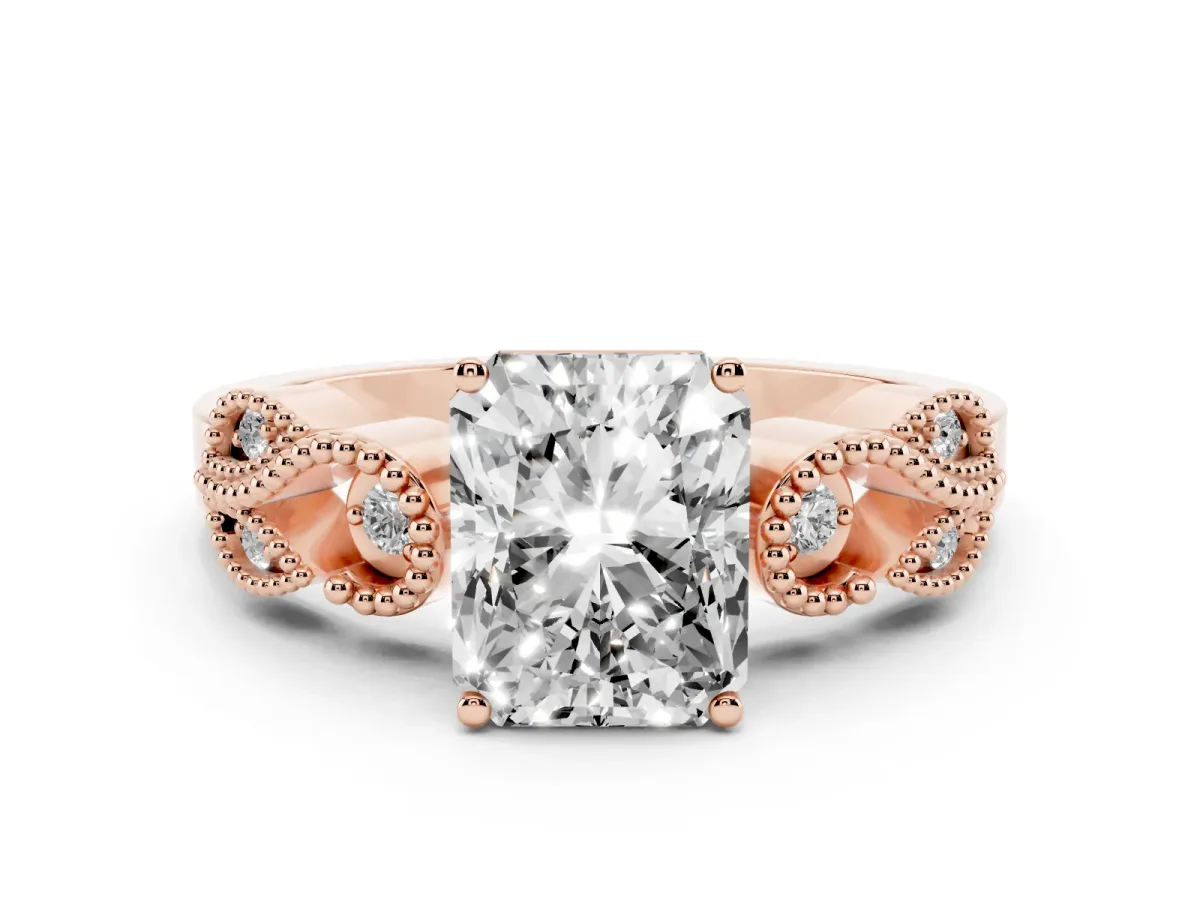 Radiant Cut Solitaire Milgrain Leaf Band with Prong Setting Rose gold