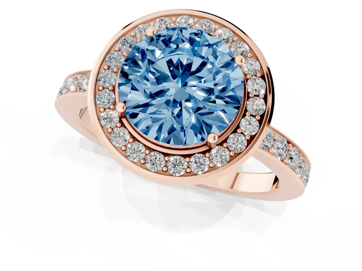 Fancy Blue Round Cut Diamond Halo Ring with Bezel Frame and Pavé Band Rose gold