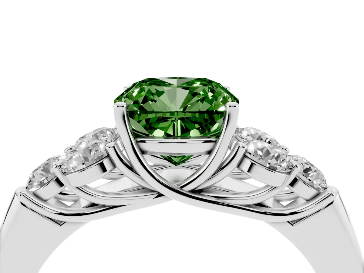 Fancy Green Cushion Cut Cut Diamond Cluster Ring with Round Accent Stones and Prong Setting on a Classic Band White gold