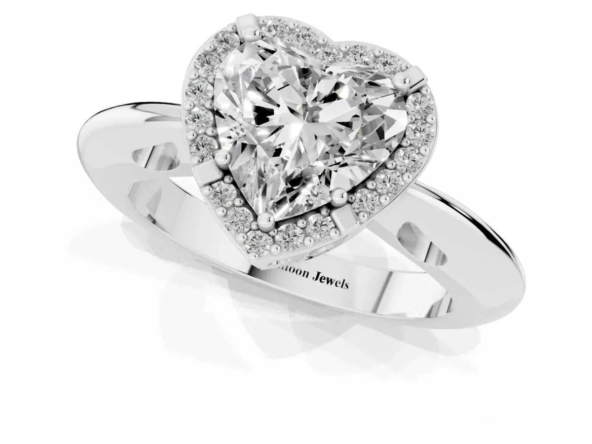 Heart Cut Cut Diamond Halo Engagement Ring with Split Shank and Four-Prong Setting Silver
