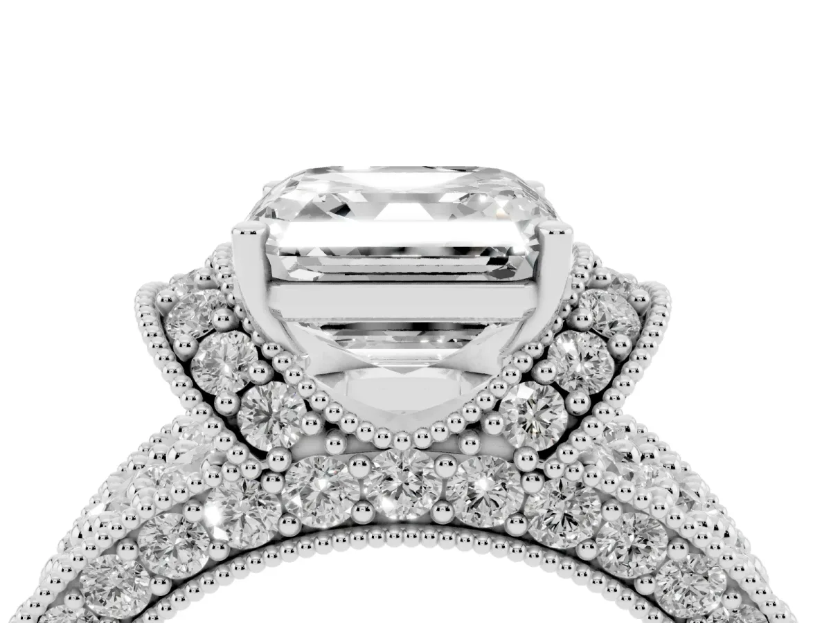 Asscher Cut Halo Pave Diamond Engagement Ring with Milgrain Detailing Silver