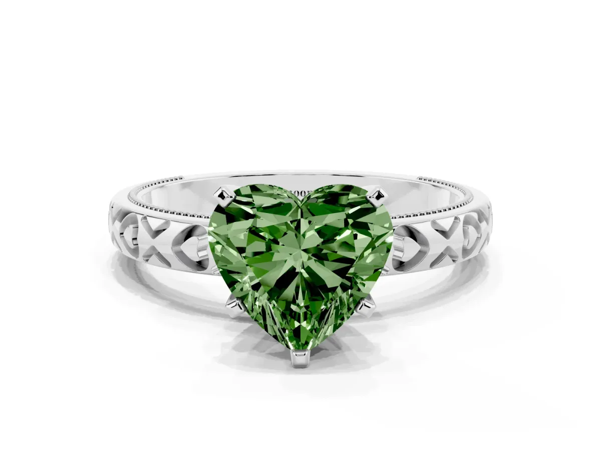 Fancy Green Heart Cut Solitaire Diamond Engagement Ring with XO Engraved Band and Four-Prong Setting Silver