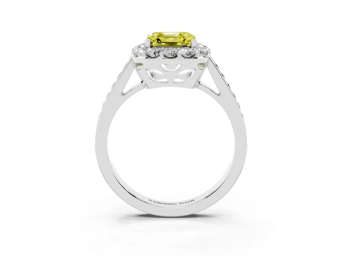 Fancy Yellow Asscher Cut Diamond Floral Halo Ring with Pavé Band and Prong Setting White gold