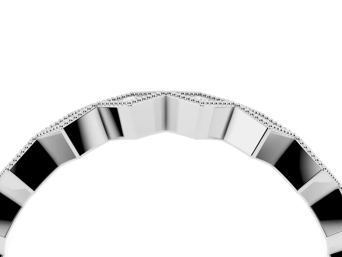 Milgrain Diamond Geometric Stackable Band with Round Cut Stones and Bezel Setting Silver