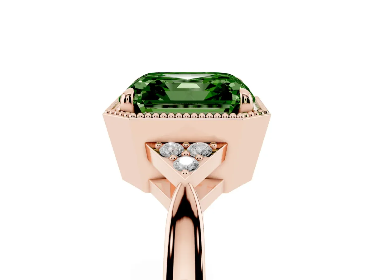 Fancy Green Hexagonal Halo Asscher Cut Diamond Solitaire with Pavé Band and Four-Prong Setting Rose gold