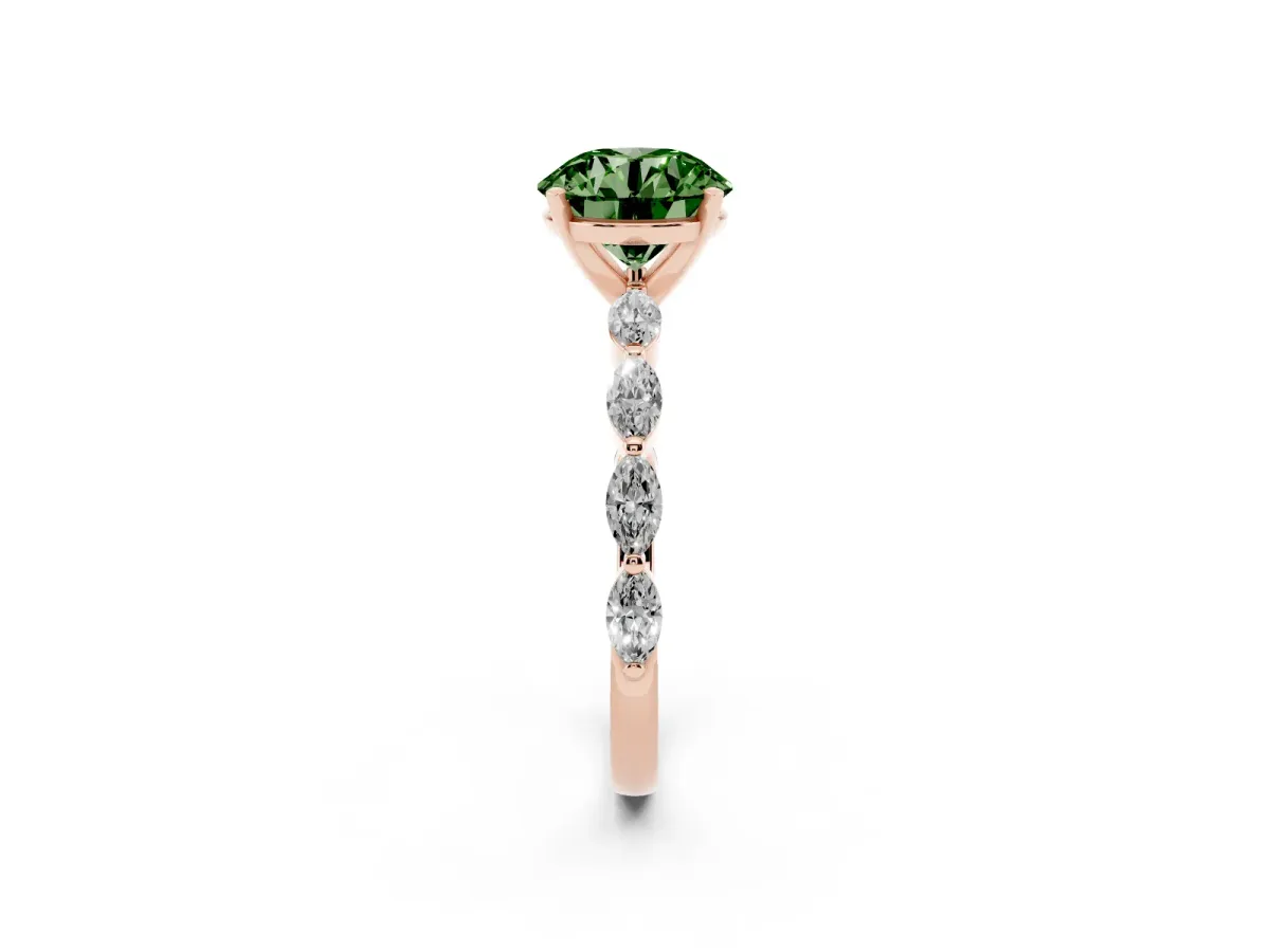 Fancy Green Round Cut Diamond Ring with Marquise Side Stones and Prong Setting Rose gold