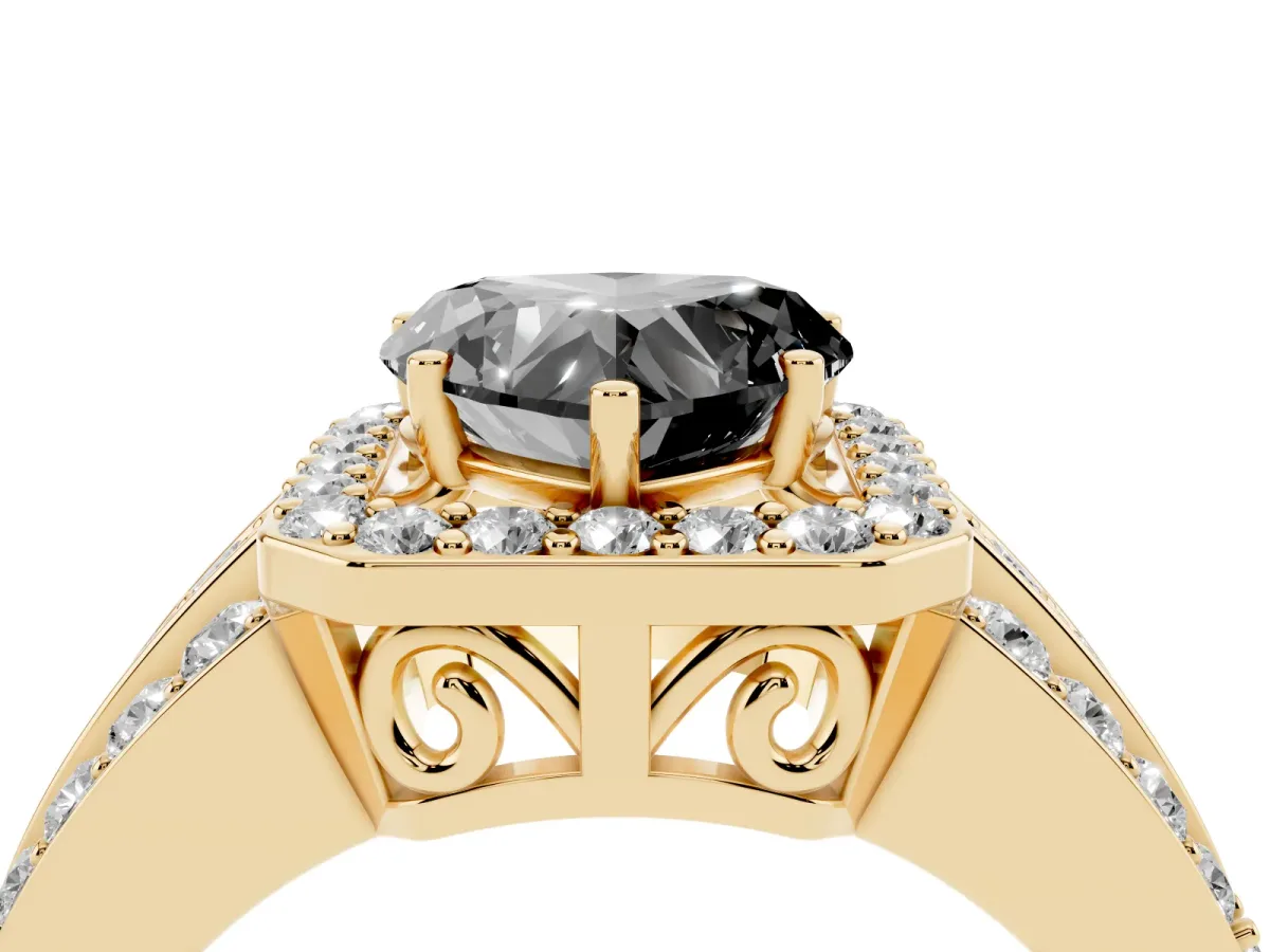 Fancy Black Heart Cut Halo Diamond Ring with Round Split Shank and Prong Setting Yellow gold