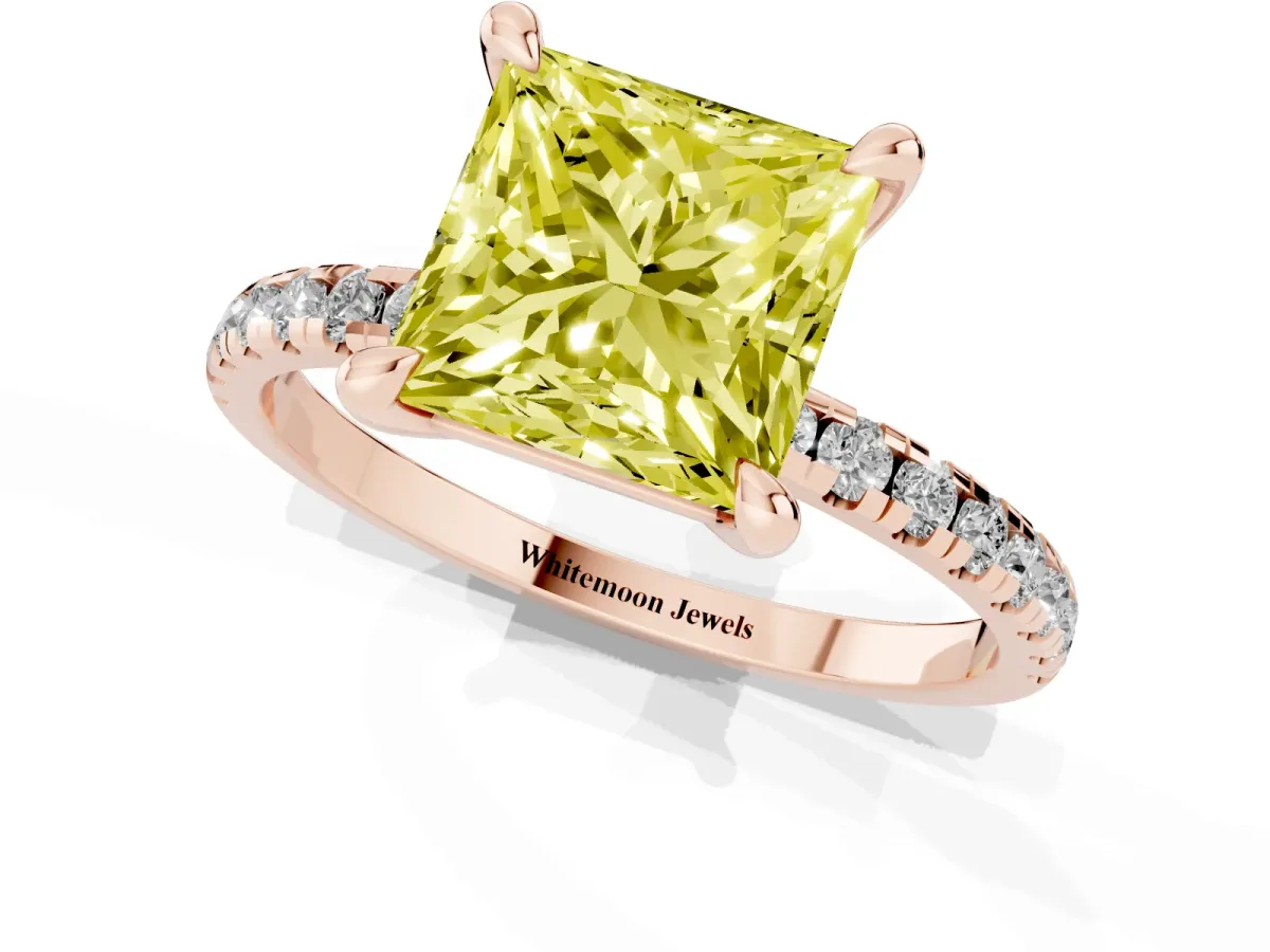 Fancy Yellow Princess Cut Diamond Brilliant Solitaire Ring with Pavé Band and Four-Prong Setting Rose gold