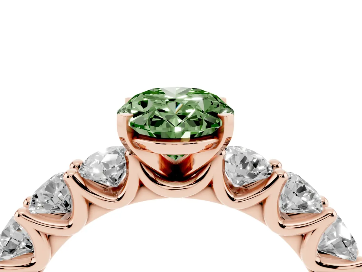 Fancy Green Oval Cut Diamond Prong Setting with Side Stones on a Pave Band Rose gold