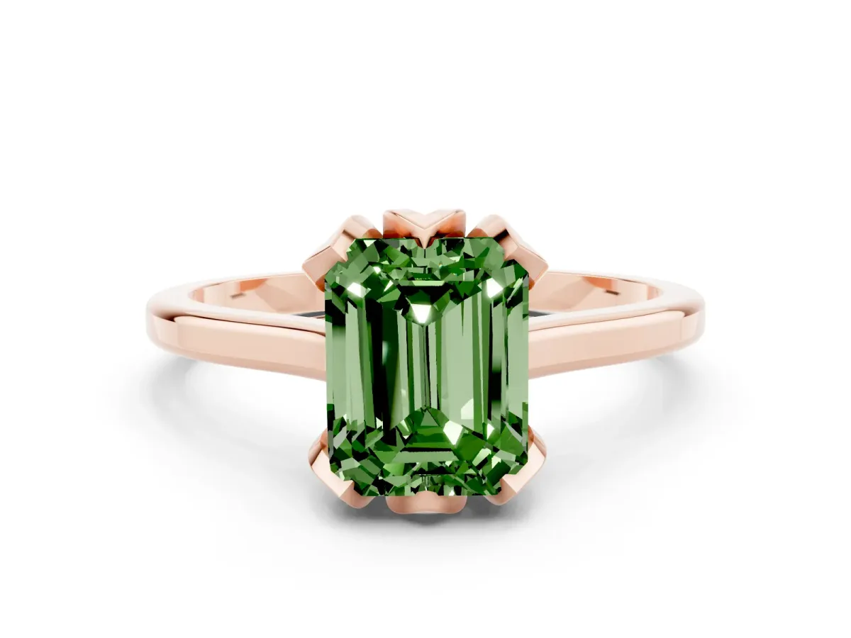 Fancy Green Emerald Cut Diamond Solitaire Ring with Flower Prong Setting and Classic Band Rose gold