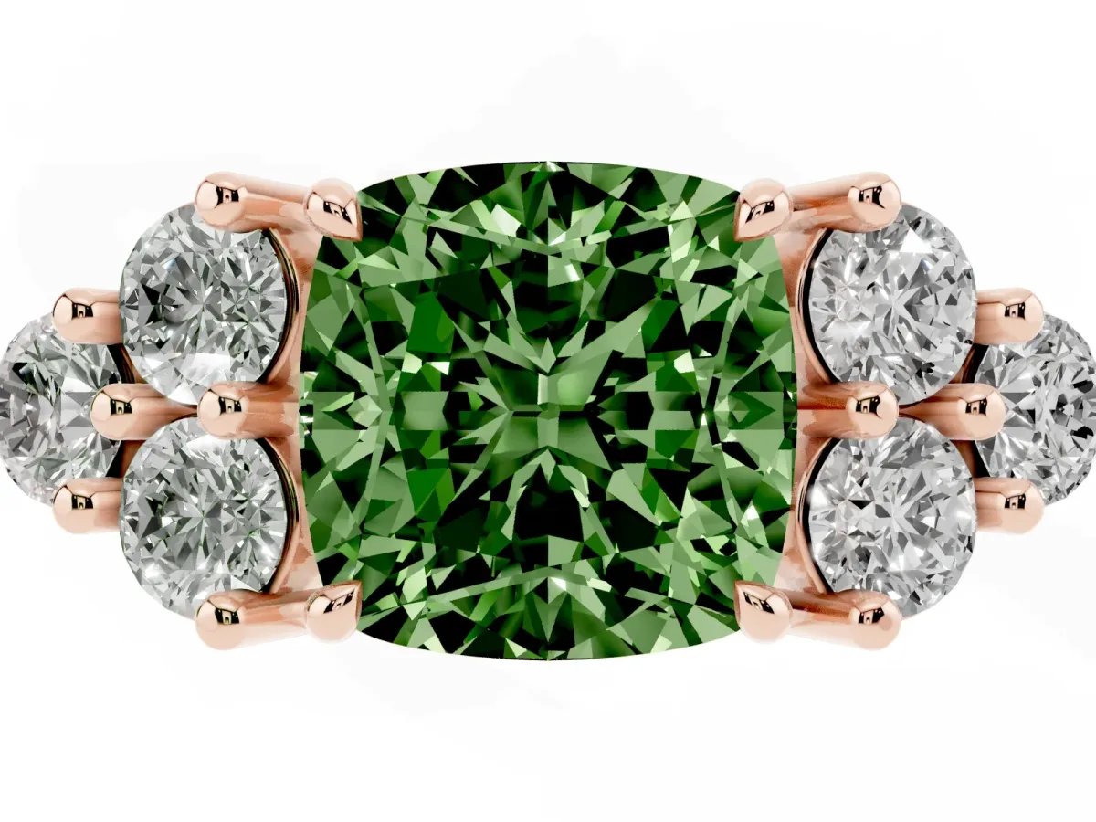 Fancy Green Cushion Cut Brilliant Diamond Cluster Accent Solitaire Ring with Prong Setting Rose gold