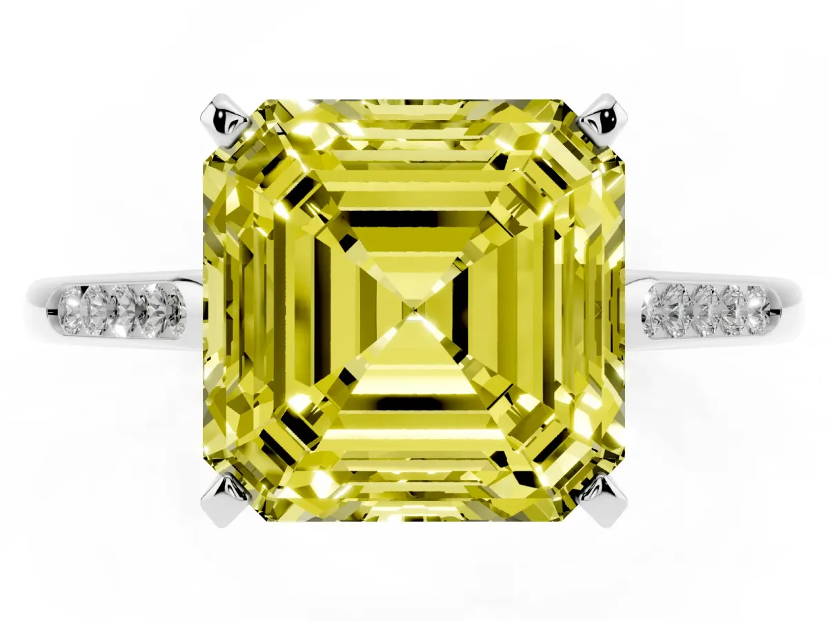 Fancy Yellow Asscher Cut Diamond Solitaire Ring with Channel Set Round Band and Prong Setting White gold