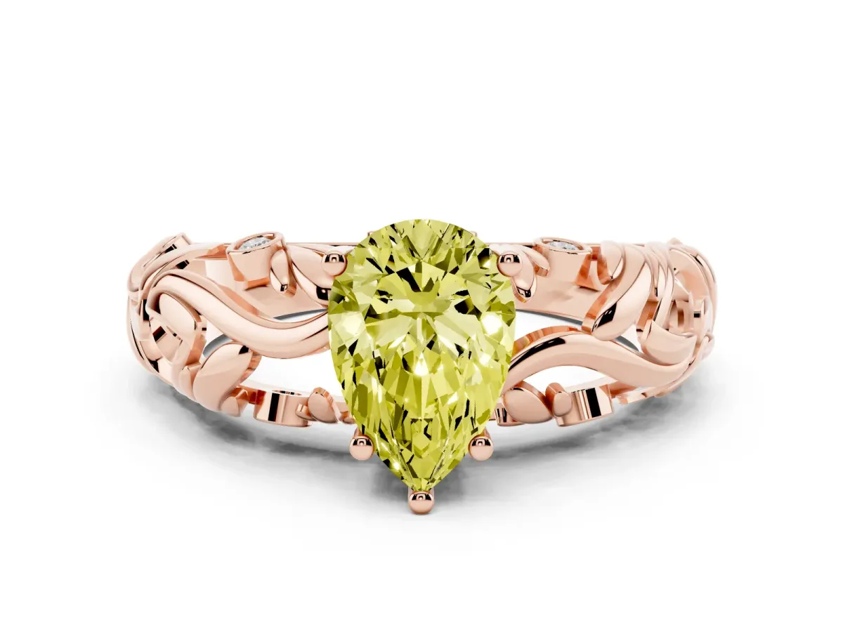 Fancy Yellow Pear Cut Solitaire Diamond Leaf-Inspired Vine Band Ring with Prong Setting Rose gold