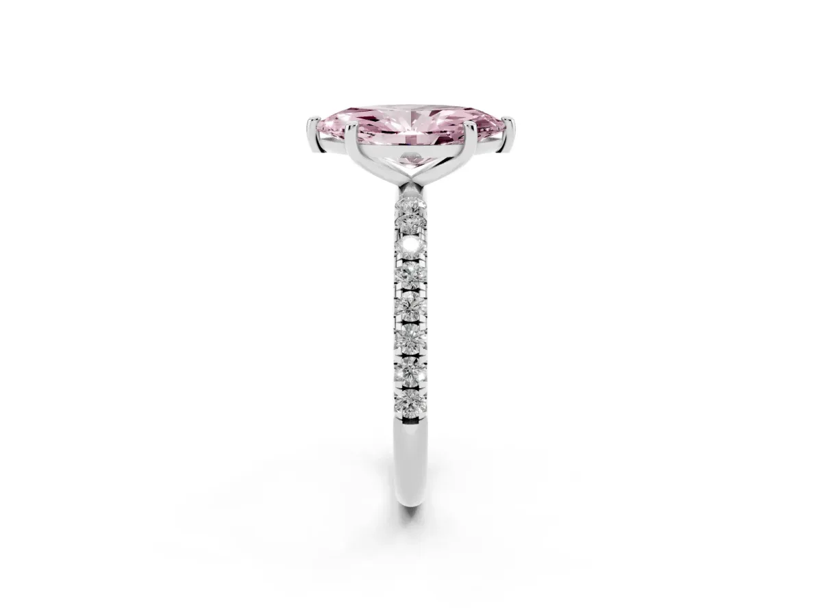 Fancy Pink Marquise Cut Cut Diamond Solitaire Ring with Micro Pave Band and Four Prong Setting Silver