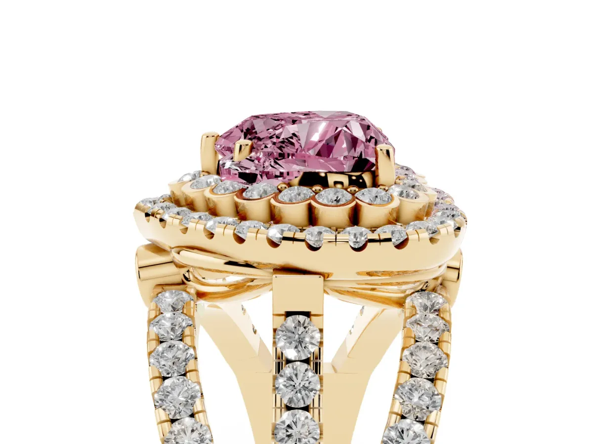 Fancy Pink Heart Cut Diamond Double Halo Ring with Round Pavé Split Shank and Prong Setting Yellow gold