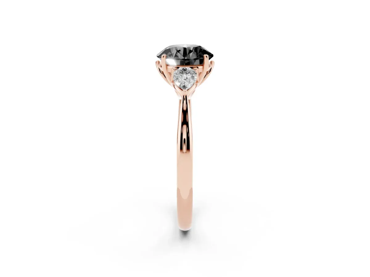 Fancy Black Round Cut Diamond Three-Stone Ring with Pear Side Stones and Prong Setting Rose gold