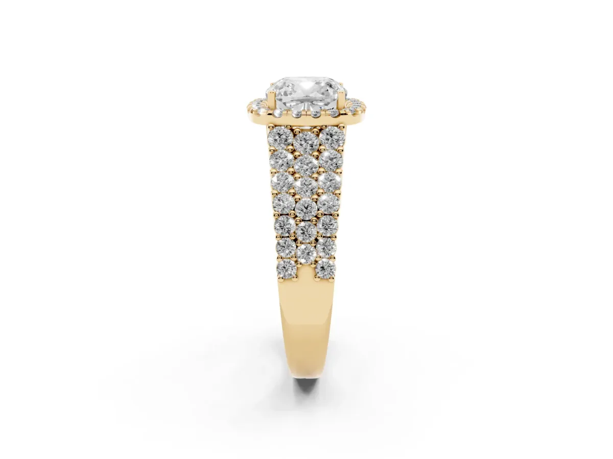 Cushion Cut Diamond Halo Engagement Ring with Triple Row Round Pavé Band and Prong Setting Yellow gold
