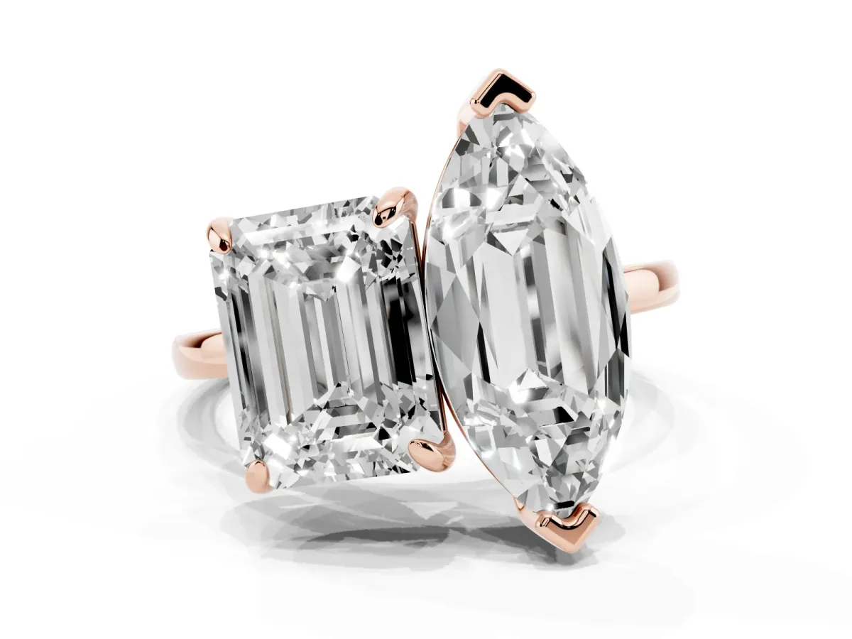 Emerald and Marquise Toi Moi Ring with Prong Setting and Plain Band Rose gold