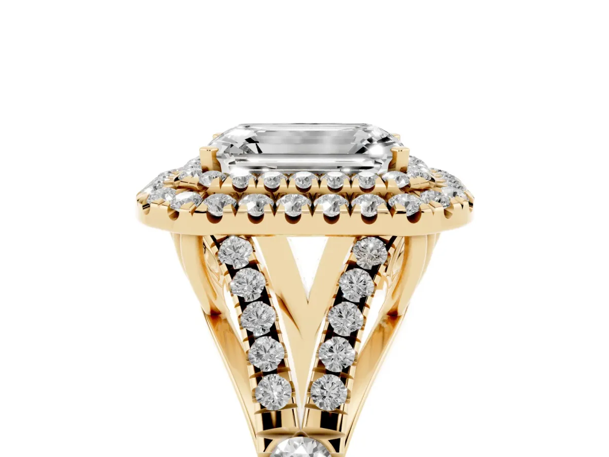 Emerald Cut Diamond Pavé Split Shank Double Halo Engagement Ring Yellow gold