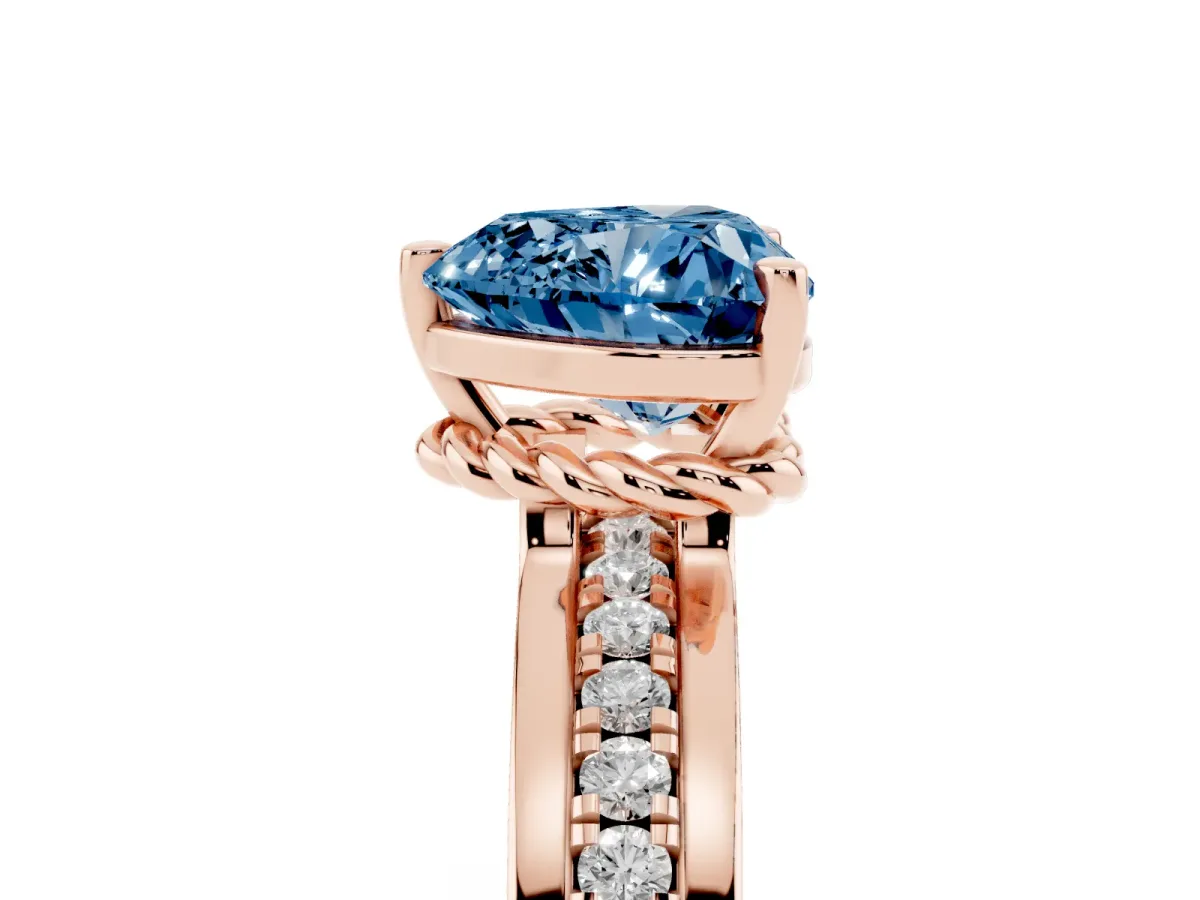 Fancy Blue Heart Cut Solitaire Diamond Ring with Channel Set Band and Six-Prong Setting Rose gold