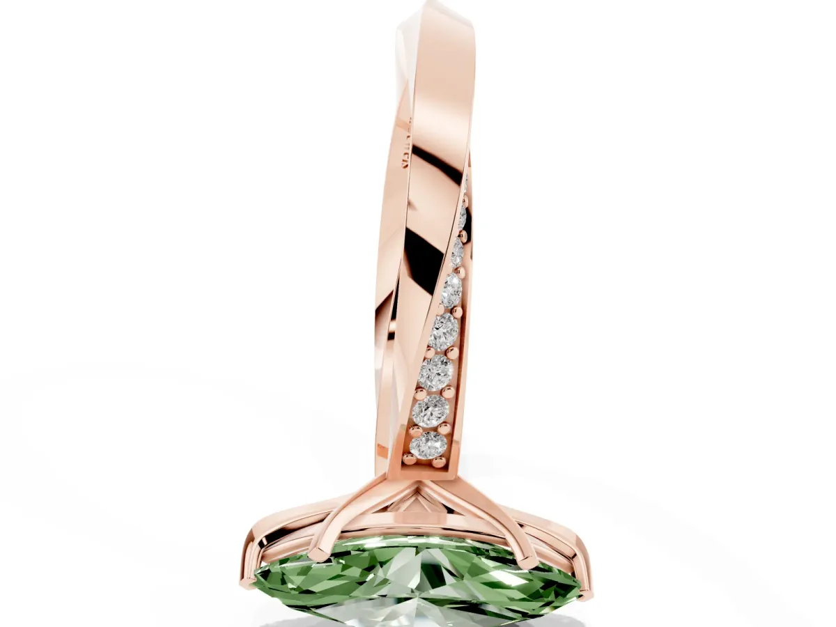Fancy Green Marquise Cut Diamond Engagement Ring with Side Stone Accents and Four-Prong Setting Rose gold