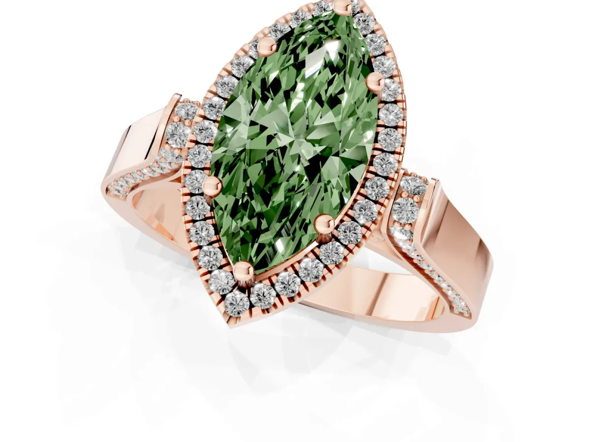 Fancy Green Marquise Cut Halo Round Diamond Twist Band with Four-Prong Setting Rose gold