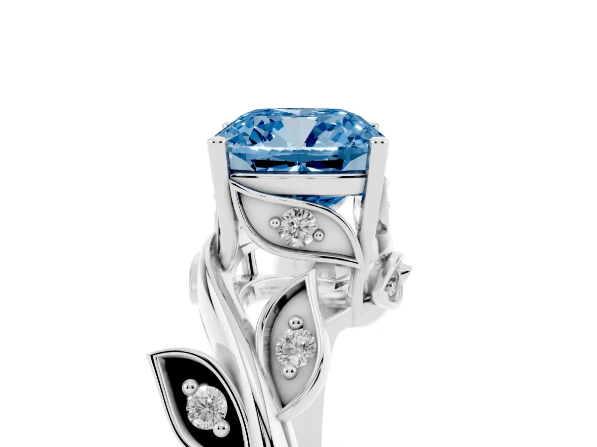 Fancy Blue Cushion Cut Solitaire Twist Engagement Ring with Leaf Accents and Prong Setting Platinum