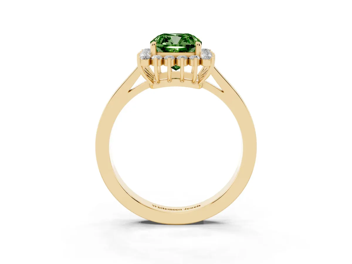 Fancy Green Cushion Cut Cut Diamond Halo Ring with Round Brilliant Halo and Solitaire Band Yellow gold