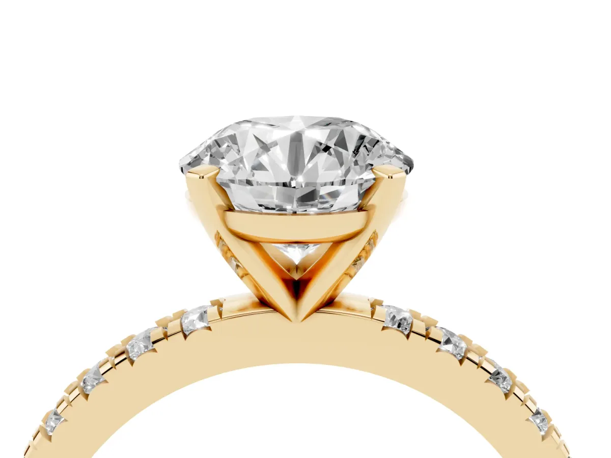 Round Cut Diamond Pavé Band Solitaire with Four-Prong Setting Yellow gold