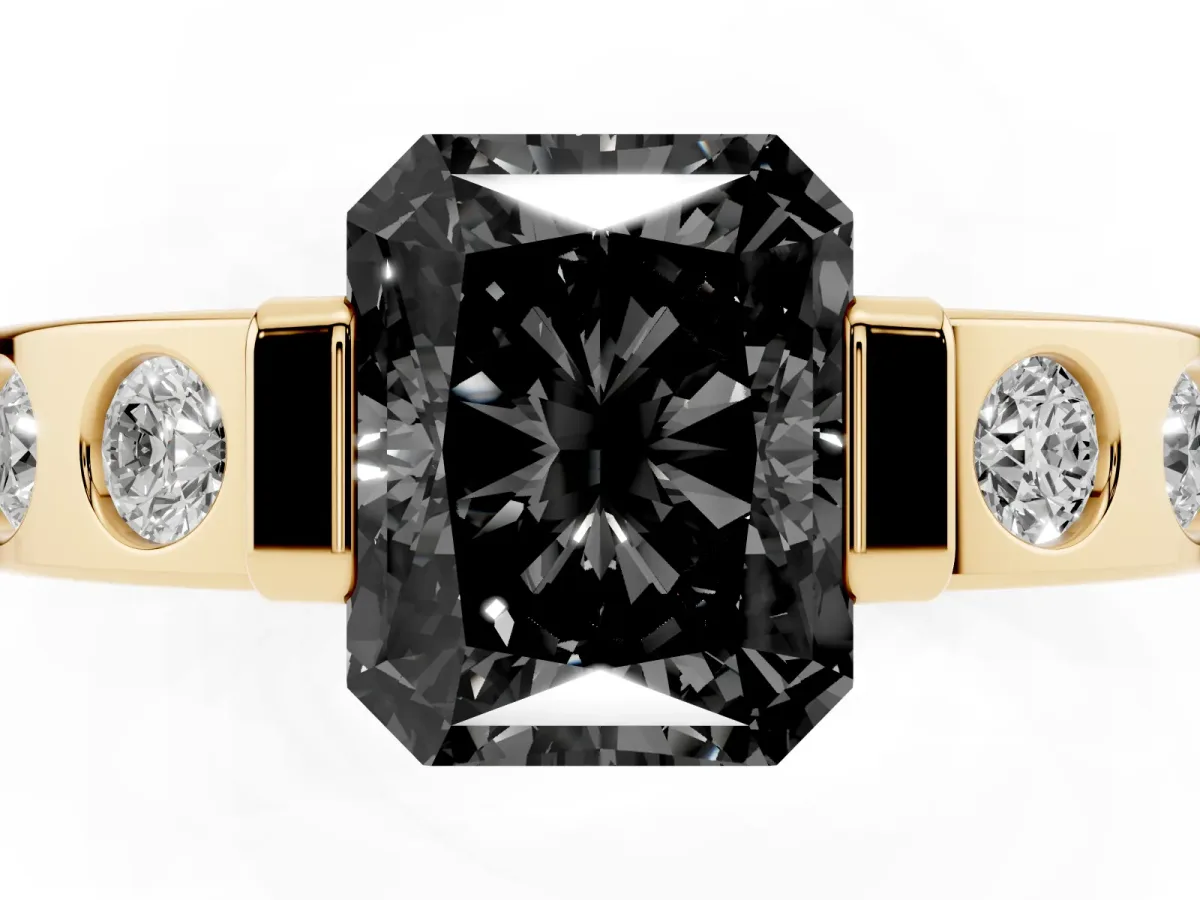 Fancy Black Radiant Cut Brilliant Channel-Set Diamond Ring with Bezel Prong Setting Yellow gold