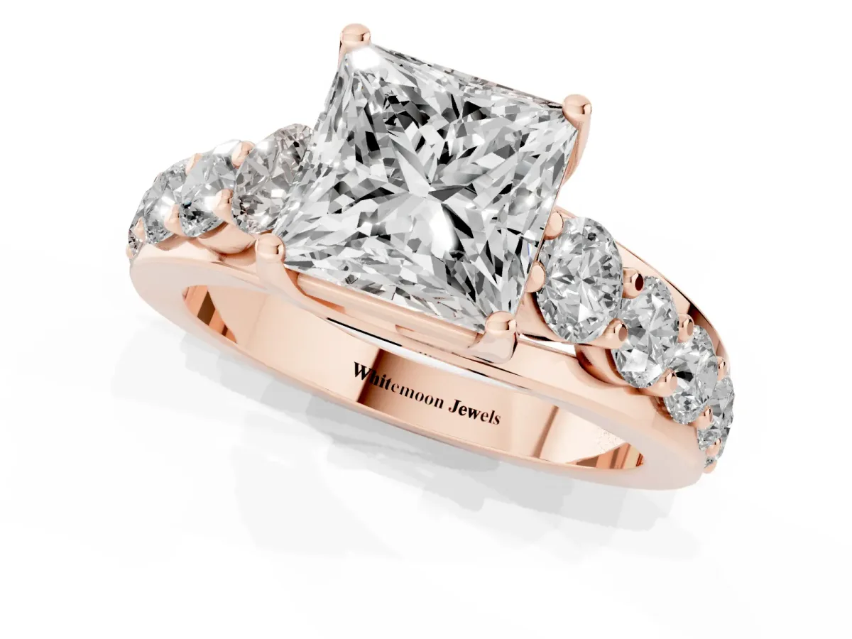 Princess Cut Diamond Engagement Ring with Pavé Band and Four-Prong Setting Rose gold