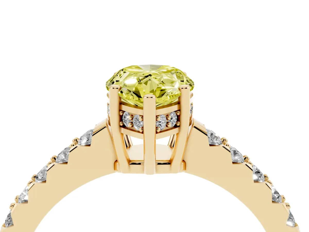 Fancy Yellow Pear Cut Solitaire Diamond Engagement Ring with Pavé Band and Six-Prong Setting Yellow gold