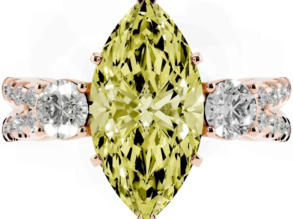 Fancy Yellow Marquise Cut Diamond Three-Stone Ring with Pavé Split Shank and Four-Prong Setting Rose gold