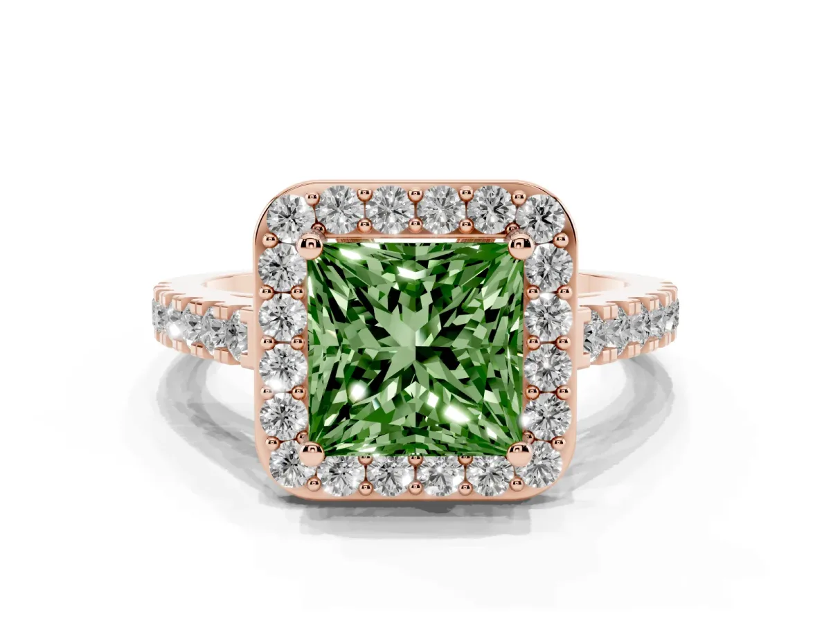 Fancy Green Princess Cut Diamond Halo Ring with Round Pavé Split Shank and Prong Setting Rose gold