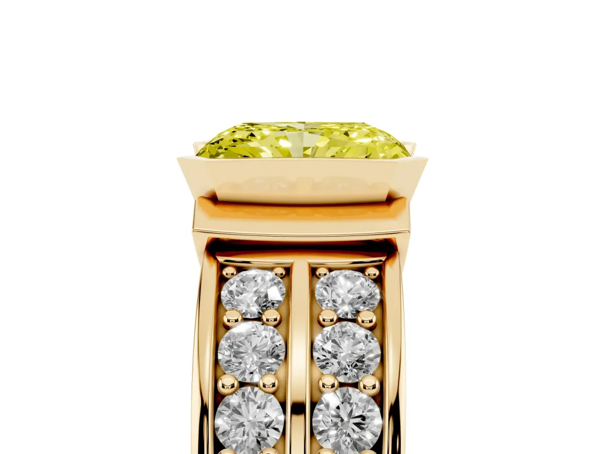 Fancy Yellow Radiant Cut Brilliant Diamond Channel Set Wide Band Ring with Bezel Setting Yellow gold