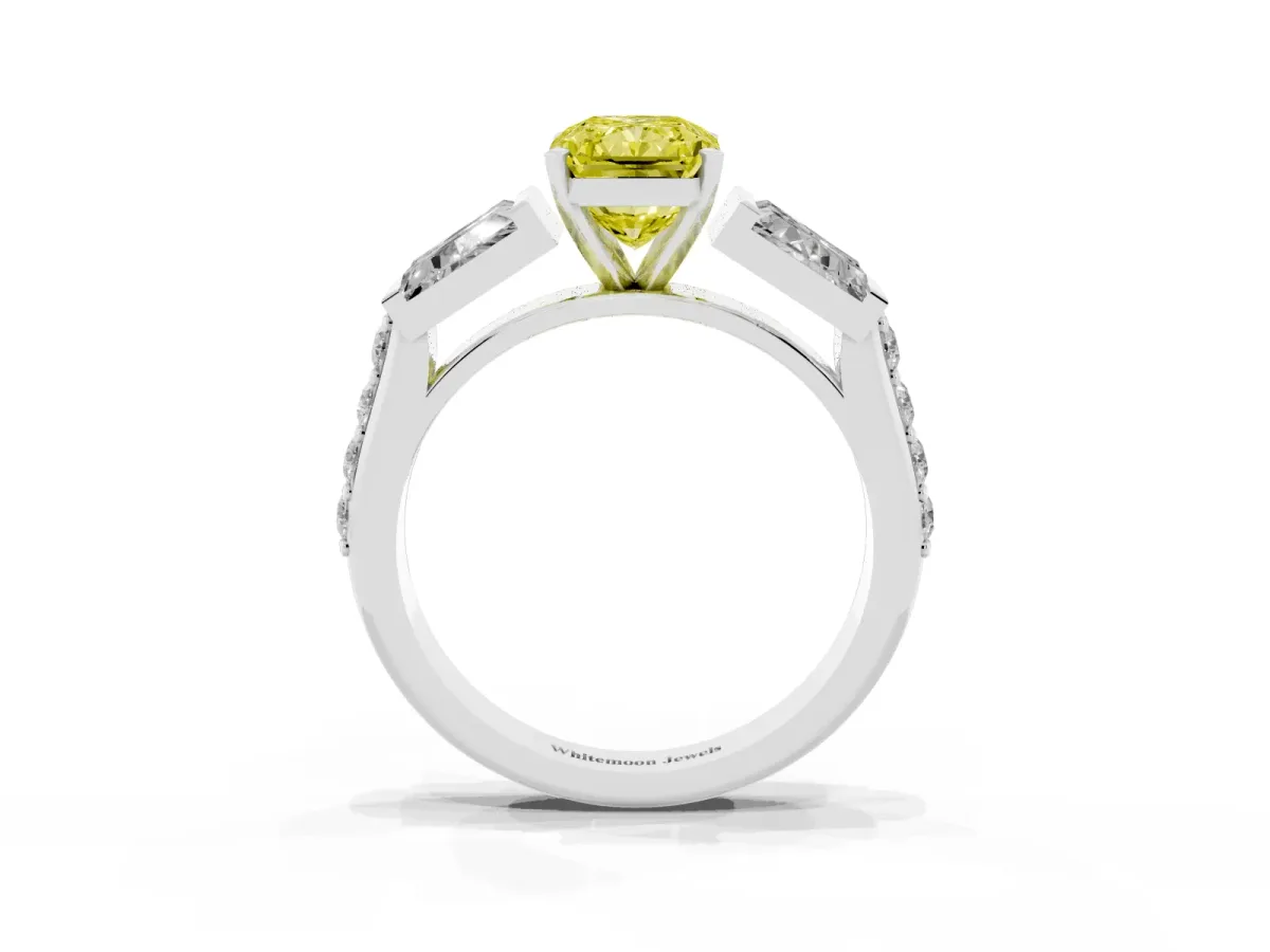 Fancy Yellow Radiant Cut Diamond Engagement Ring with Baguette Side Stones and Channel Set Band White gold