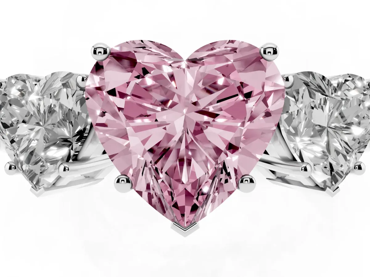 Fancy Pink Three-Stone Heart Cut Cut Diamond Engagement Ring with Flat Band and Four-Prong Setting Silver